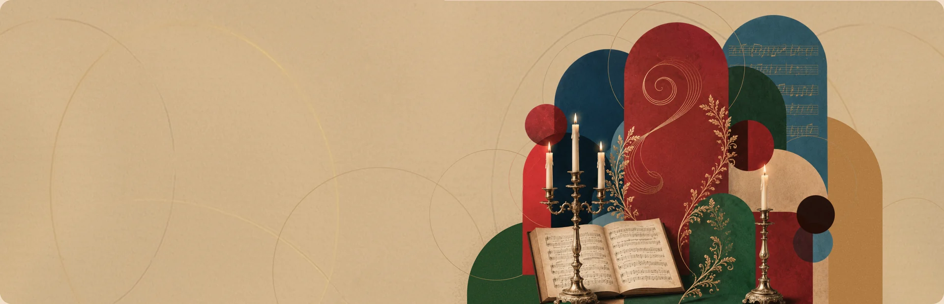 Collage: an open book, a candlestick with candles and arched vaults