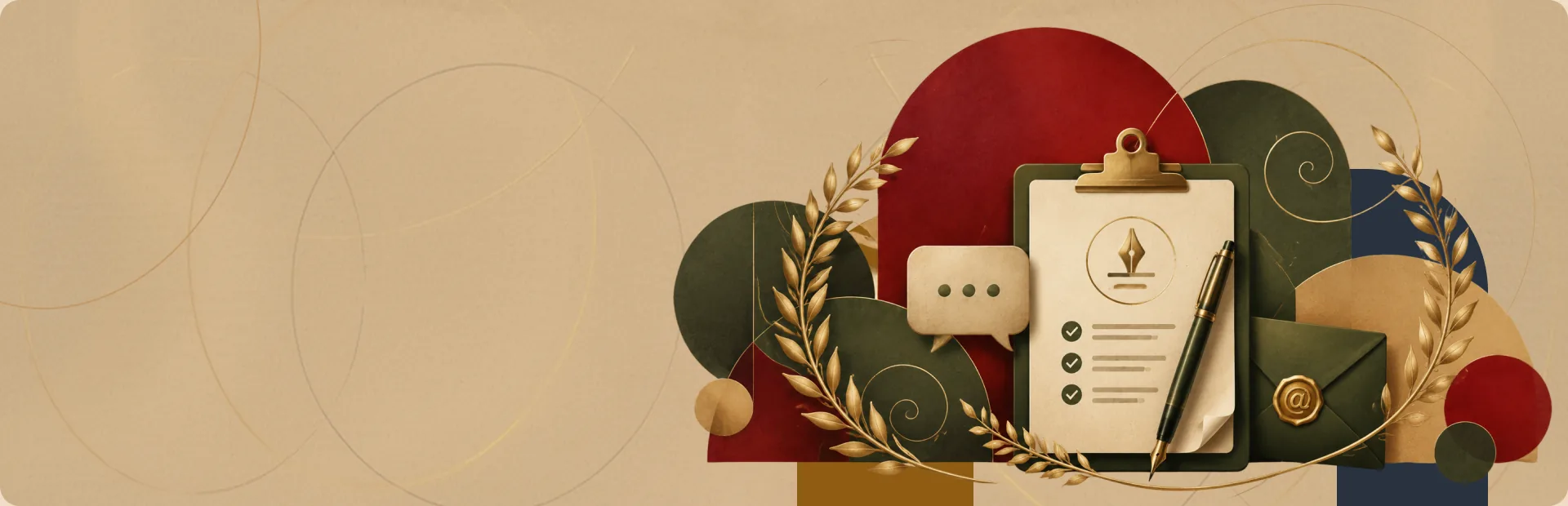 Collage: a tablet with a quill and a checklist, an envelope with a wax seal and laurel branches