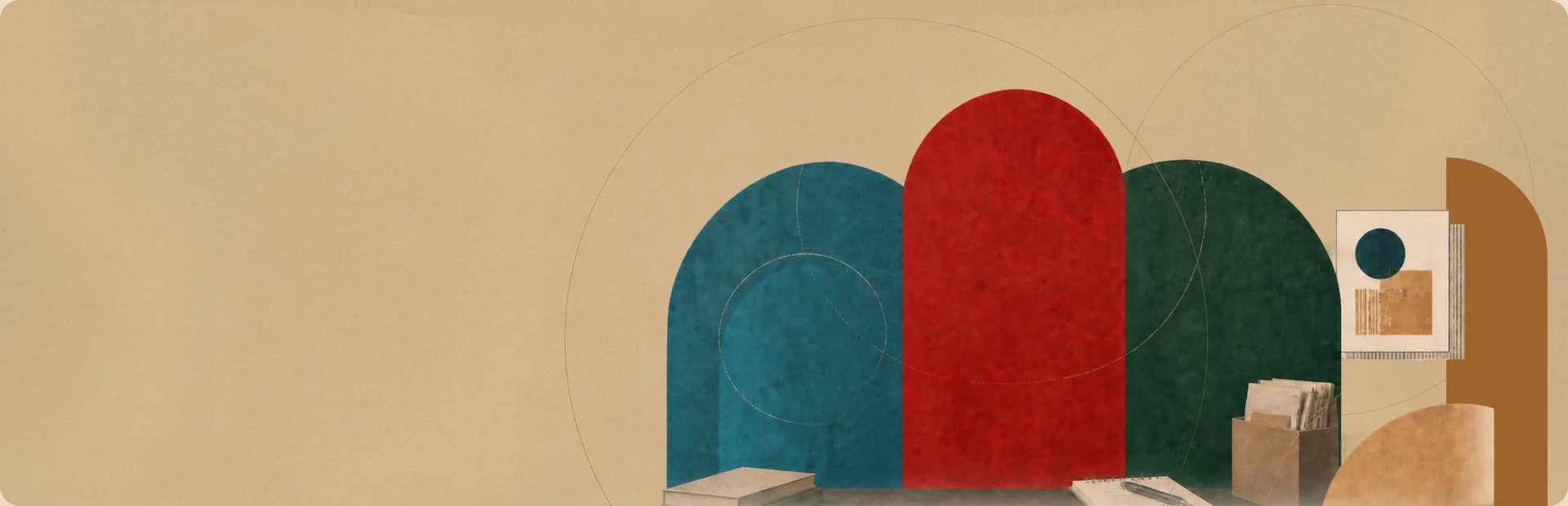 Collage: colourful arches, canvases and a painting on a sand-coloured background