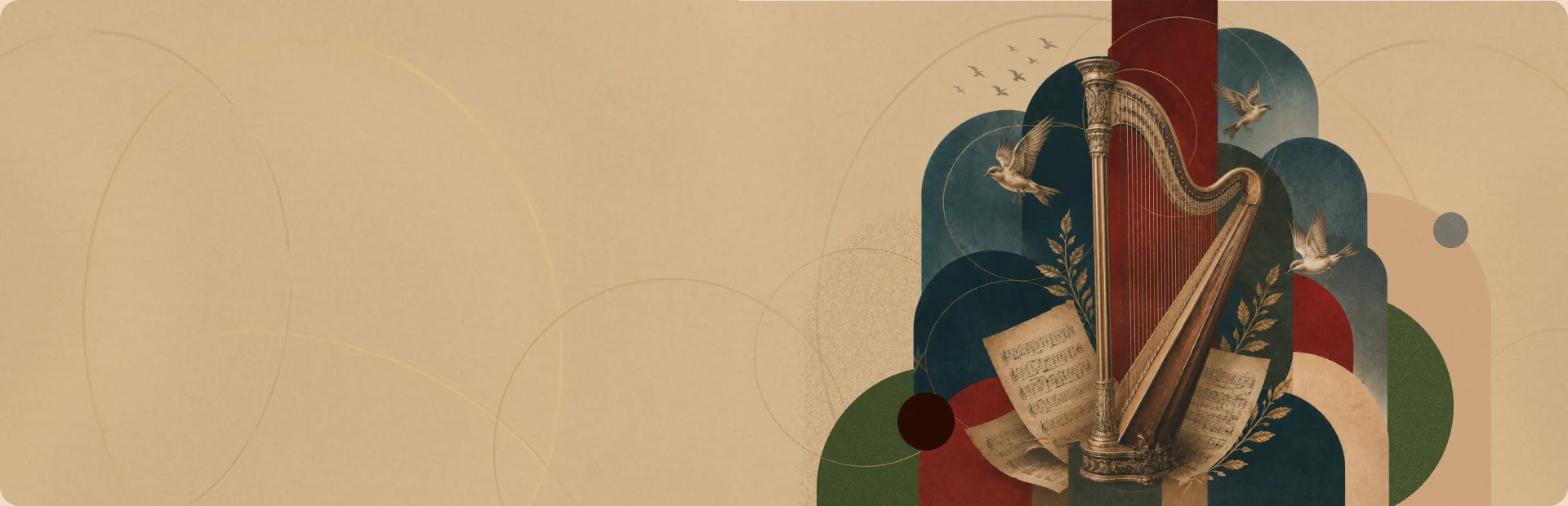 Collage: a harp, sheet music, laurel branches and birds on a sand-coloured background