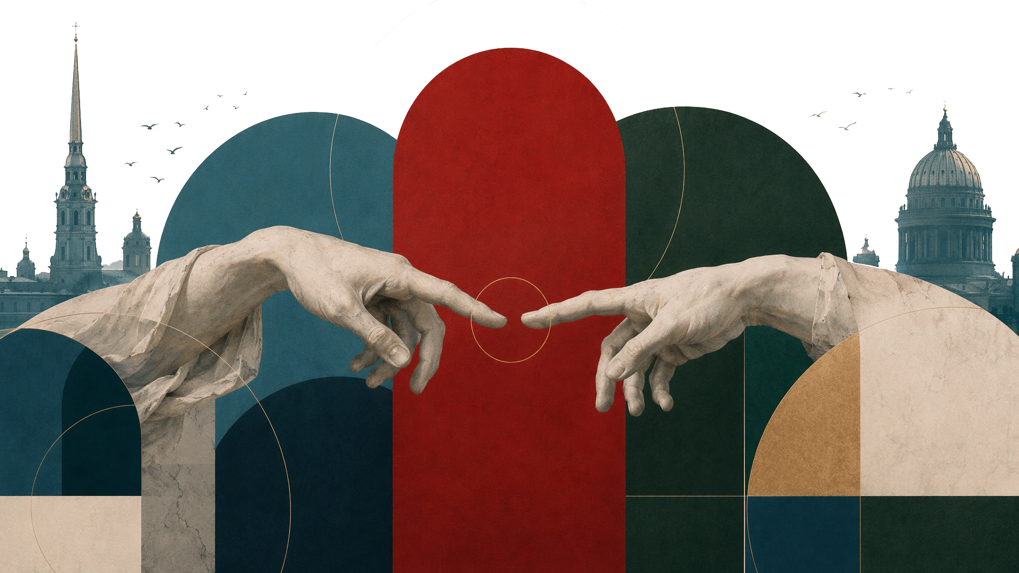 Collage: hands reaching towards each other and a silhouette of St. Petersburg