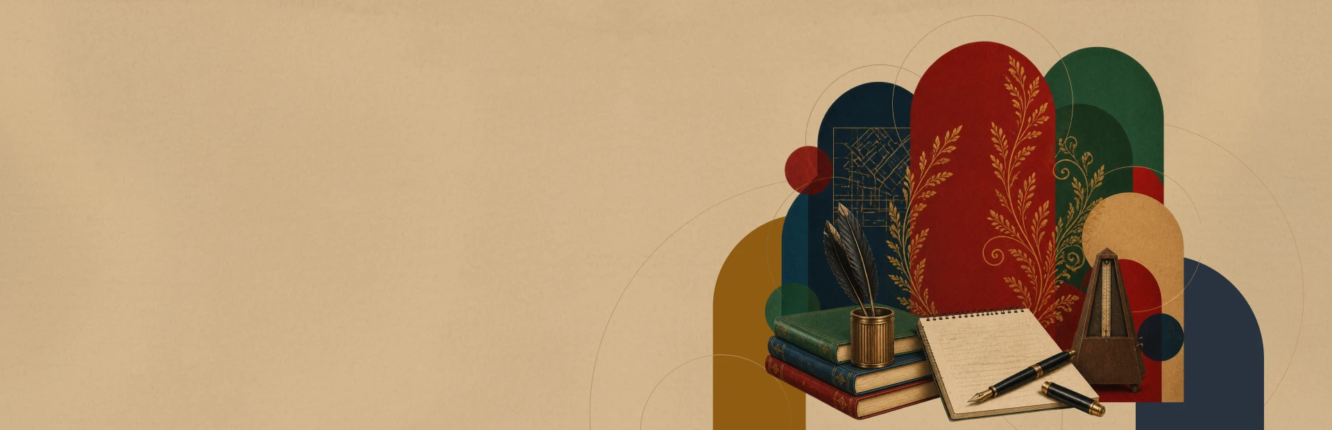 Collage of arches, books, an inkwell with a quill and a metronome