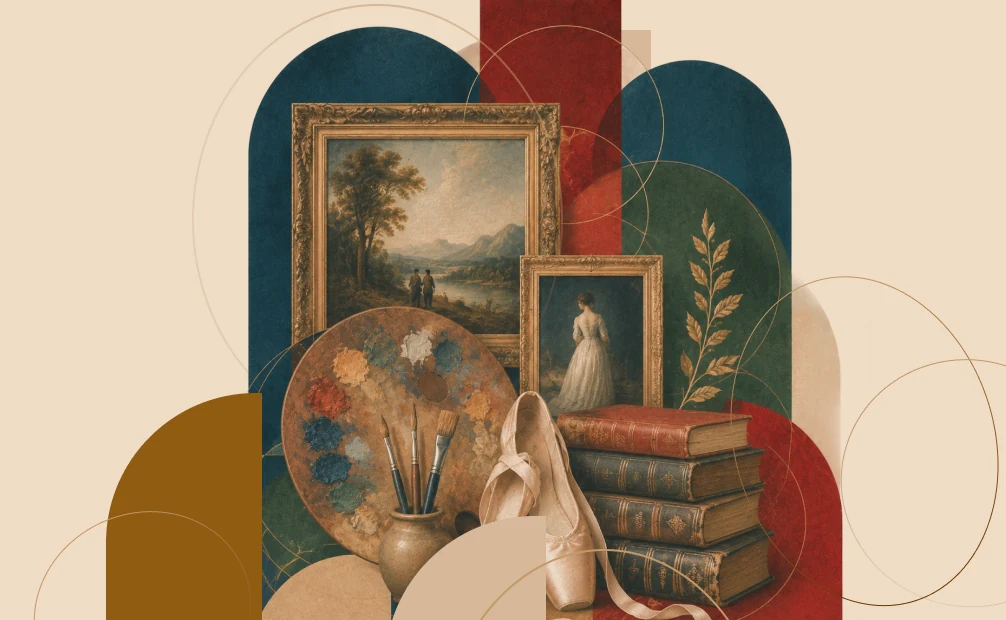 Коллаж из картин, палитры художника, балетных пуантов и книг