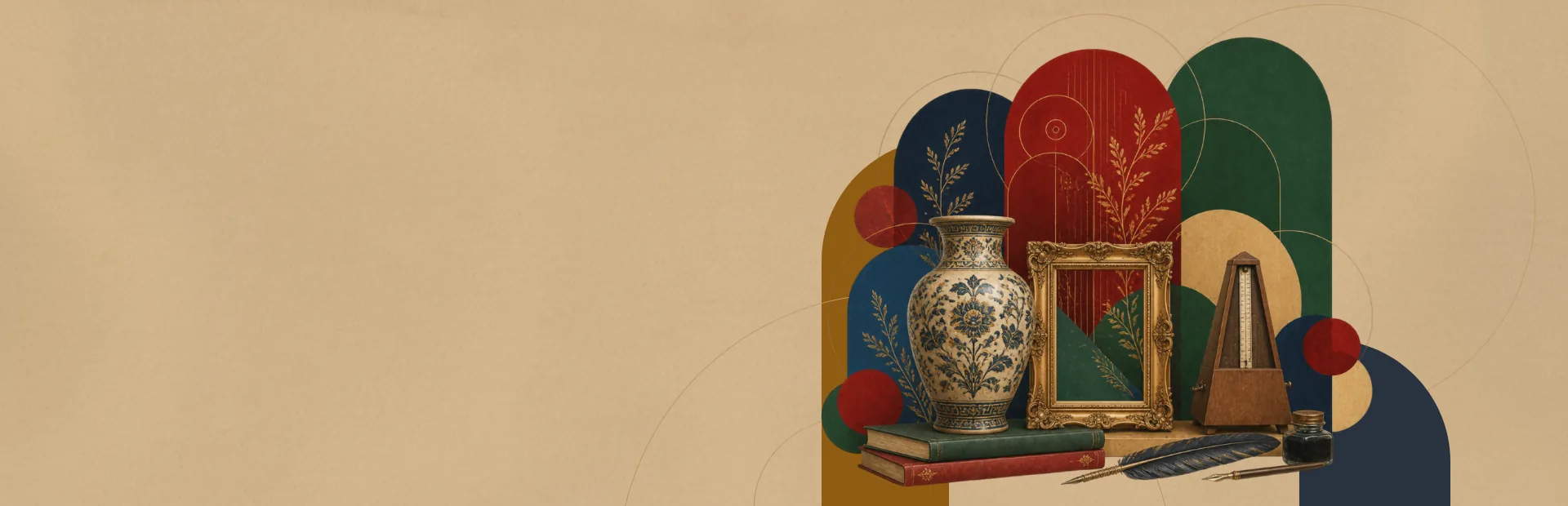 A collage of a porcelain vase, a gilded frame, a metronome, books and quills — symbols of the United Cultures Forum