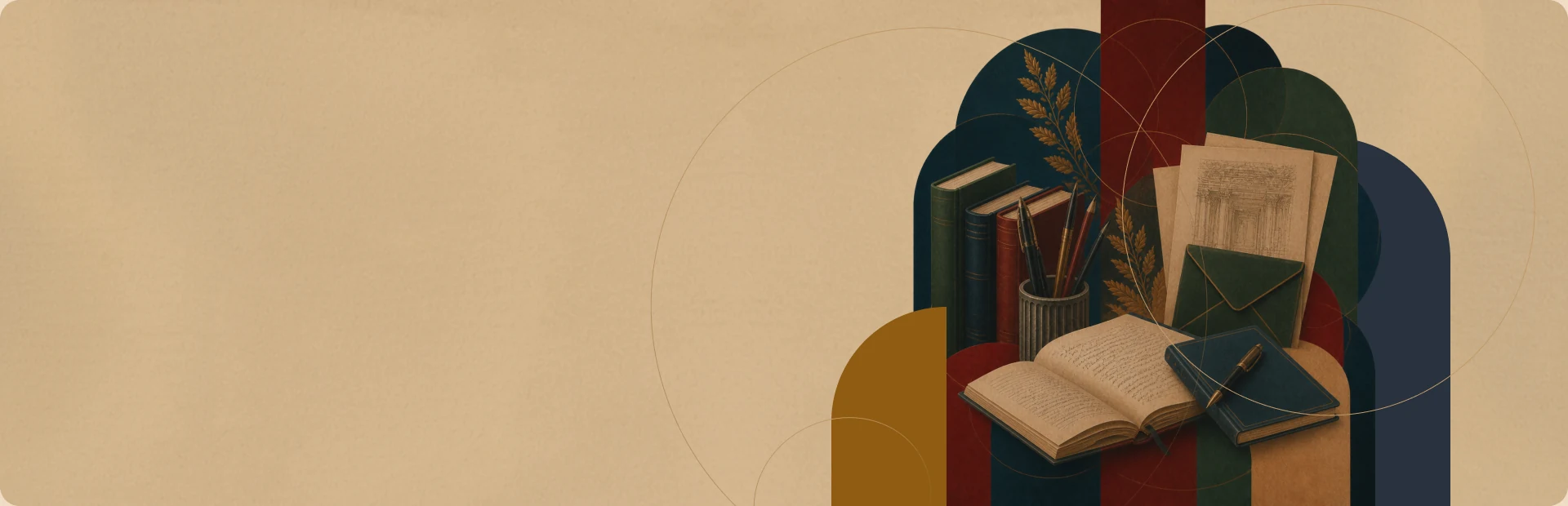 Collage of books, letters and fountain pens against arches — symbols of the United Cultures Forum