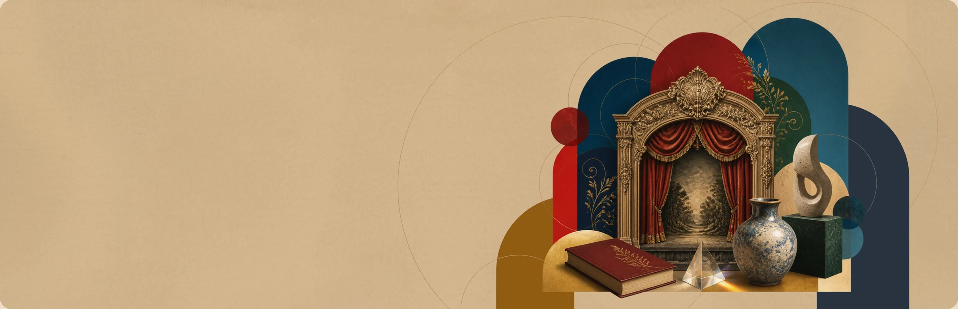 Коллаж из арок, книг, глобуса и киота — символы Форума объединенных культур