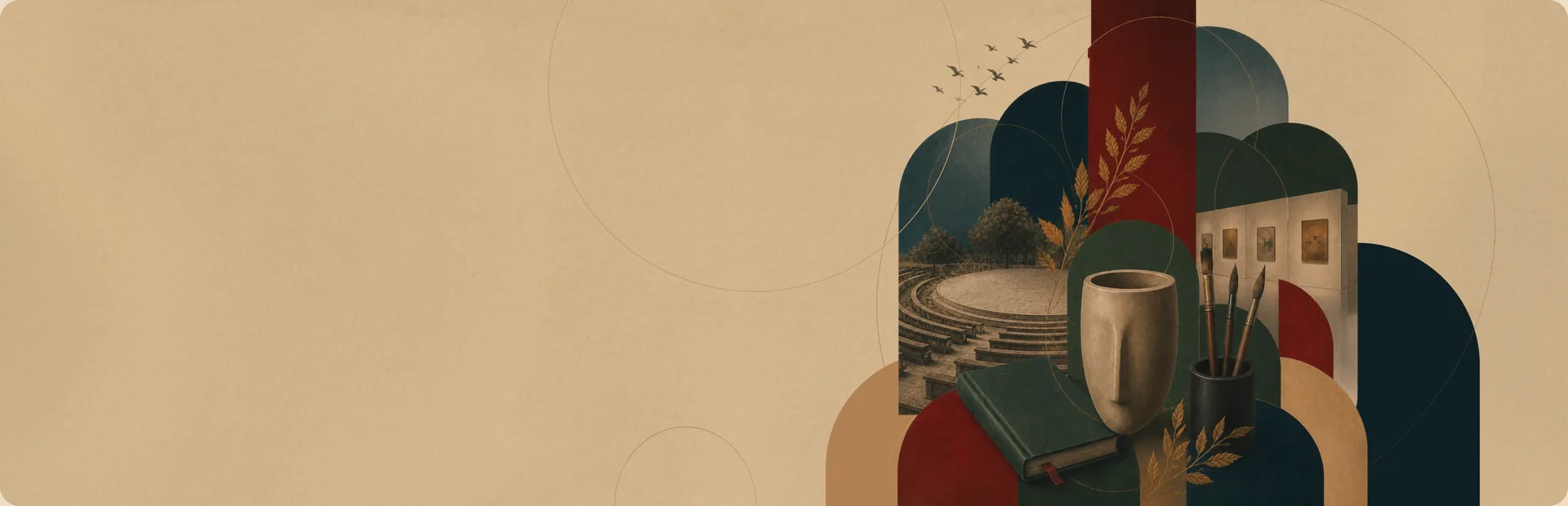 Collage of an amphitheatre, books, a bowl and brushes against arches — symbols of the United Cultures Forum venues